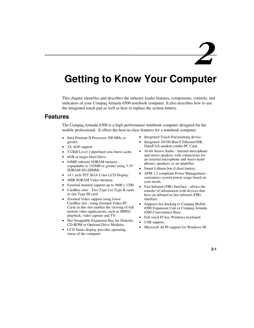 Compaq 6500 Family manual Getting to Know Your Computer, Features 