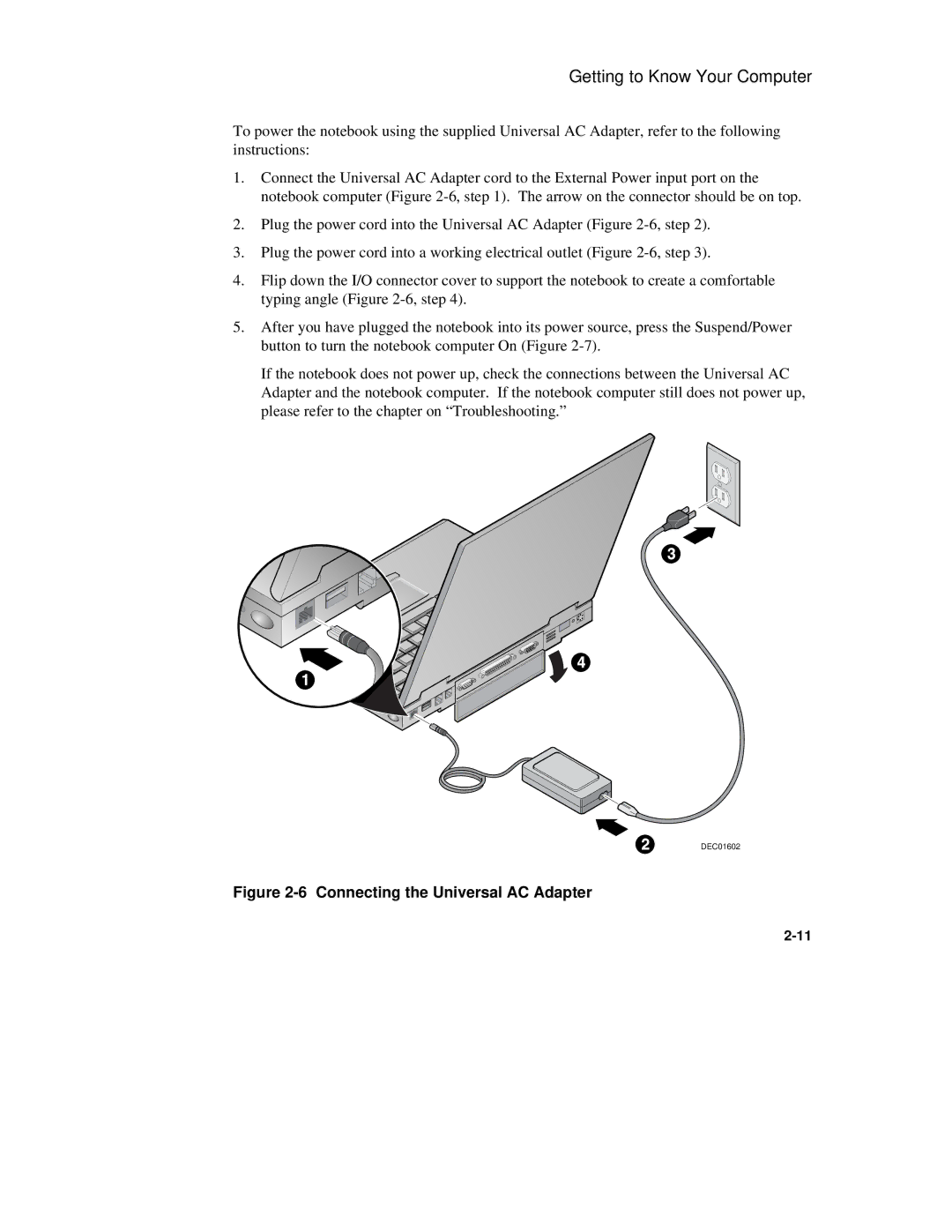 Compaq 6500 Family manual Connecting the Universal AC Adapter 