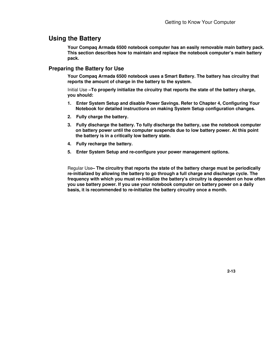 Compaq 6500 Family manual Using the Battery, Preparing the Battery for Use 
