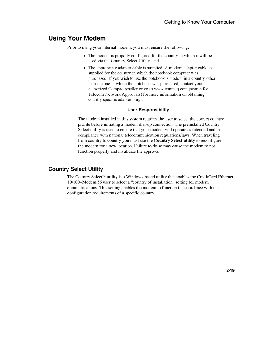 Compaq 6500 Family manual Using Your Modem, Country Select Utility, User Responsibility 