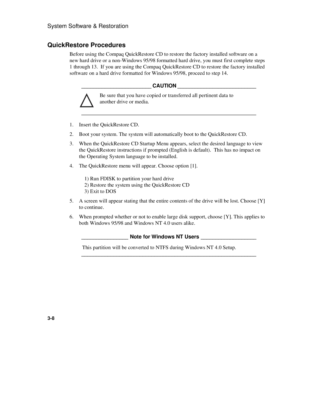 Compaq 6500 Family manual QuickRestore Procedures 