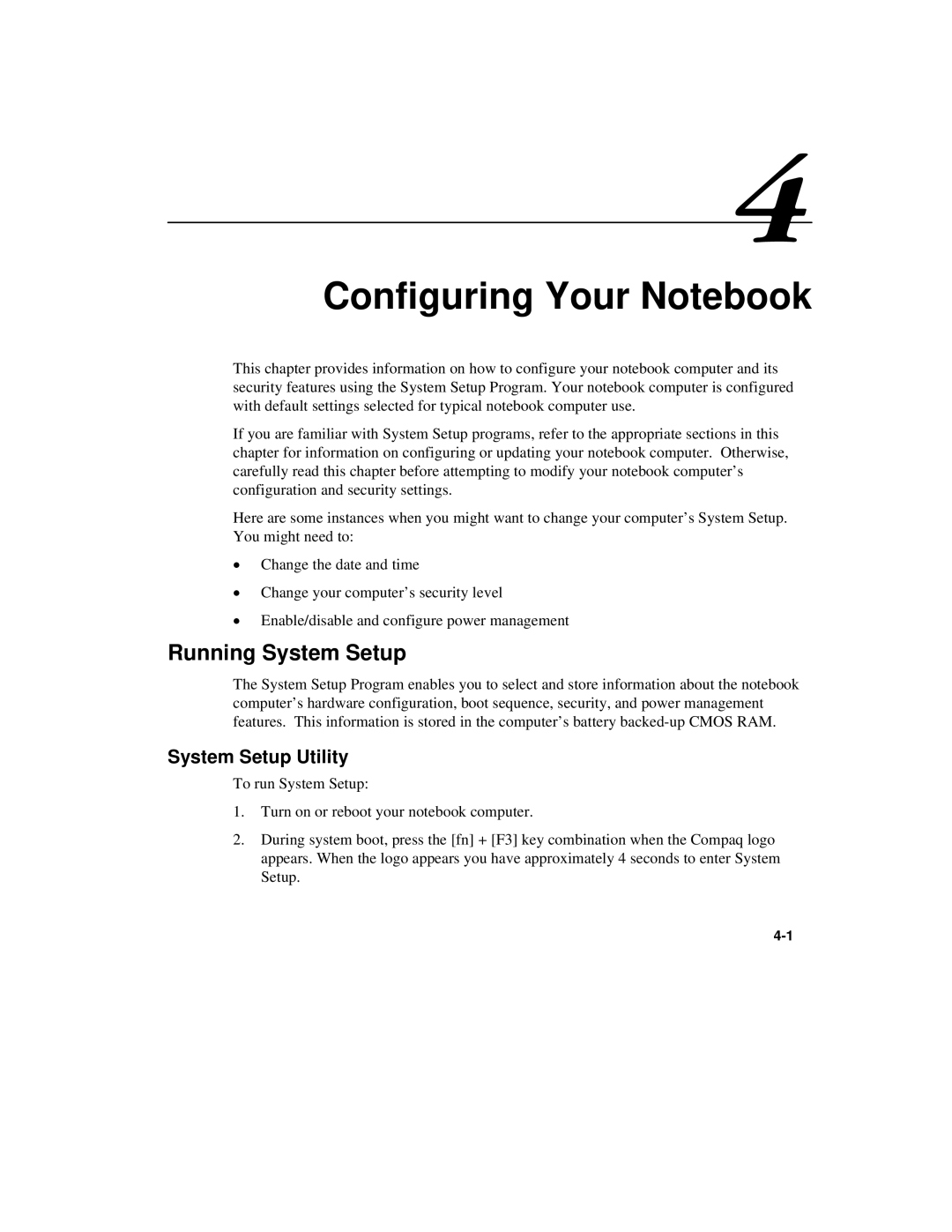 Compaq 6500 Family manual Configuring Your Notebook, Running System Setup, System Setup Utility 