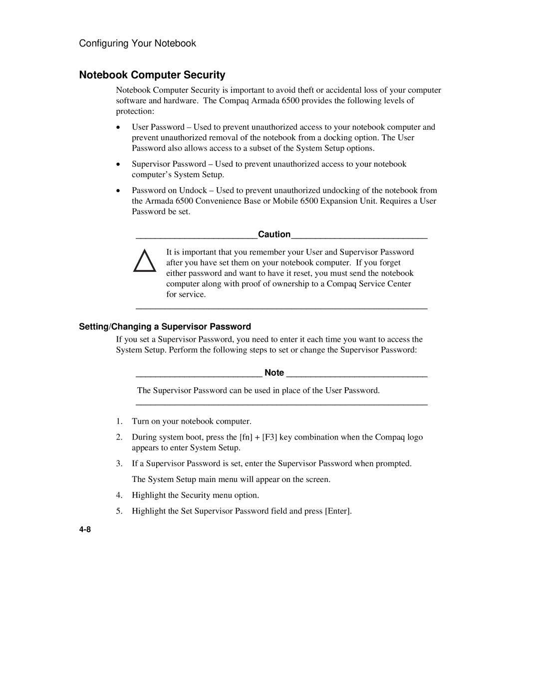 Compaq 6500 Family manual Setting/Changing a Supervisor Password 