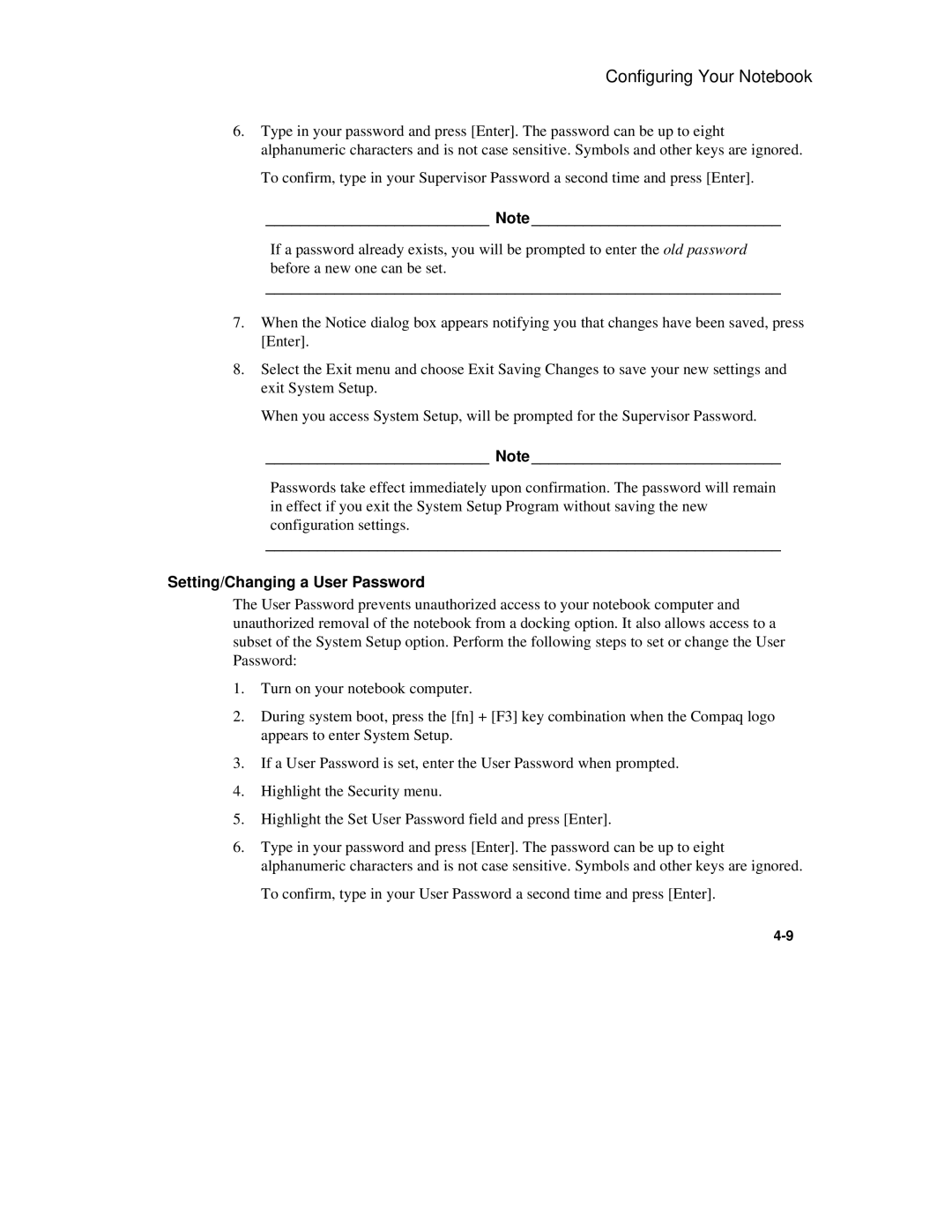 Compaq 6500 Family manual Setting/Changing a User Password 