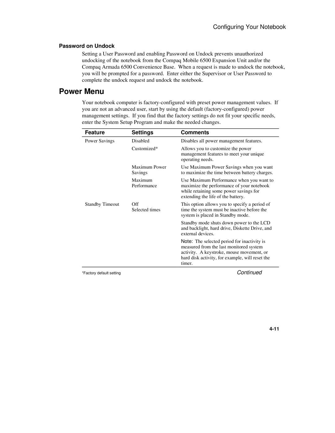 Compaq 6500 Family manual Power Menu, Password on Undock 