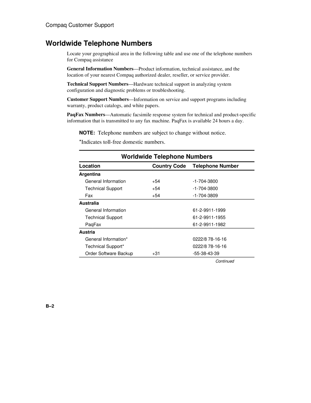 Compaq 6500 Family manual Worldwide Telephone Numbers, Location Country Code Telephone Number 