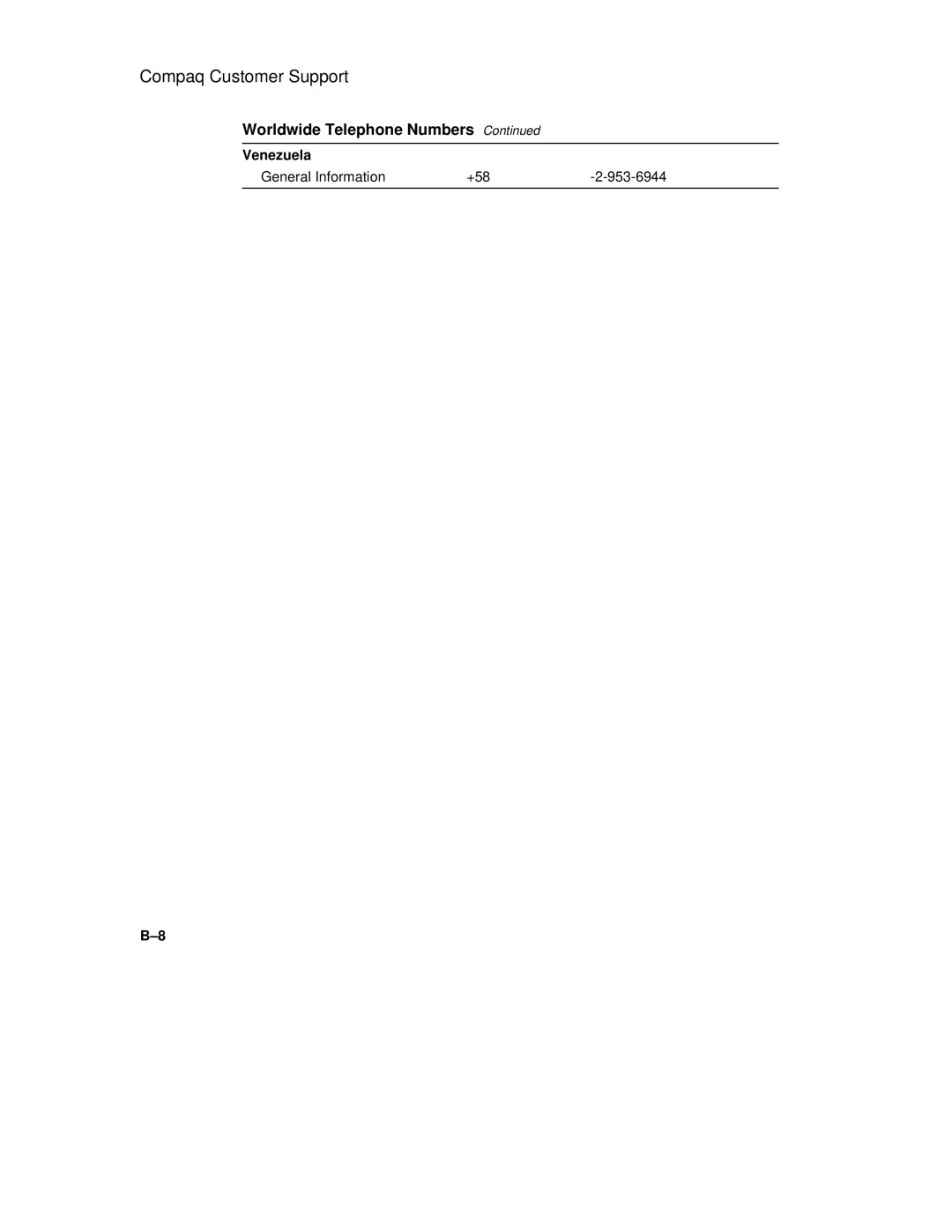 Compaq 6500 Family manual Worldwide Telephone Numbers, Venezuela 