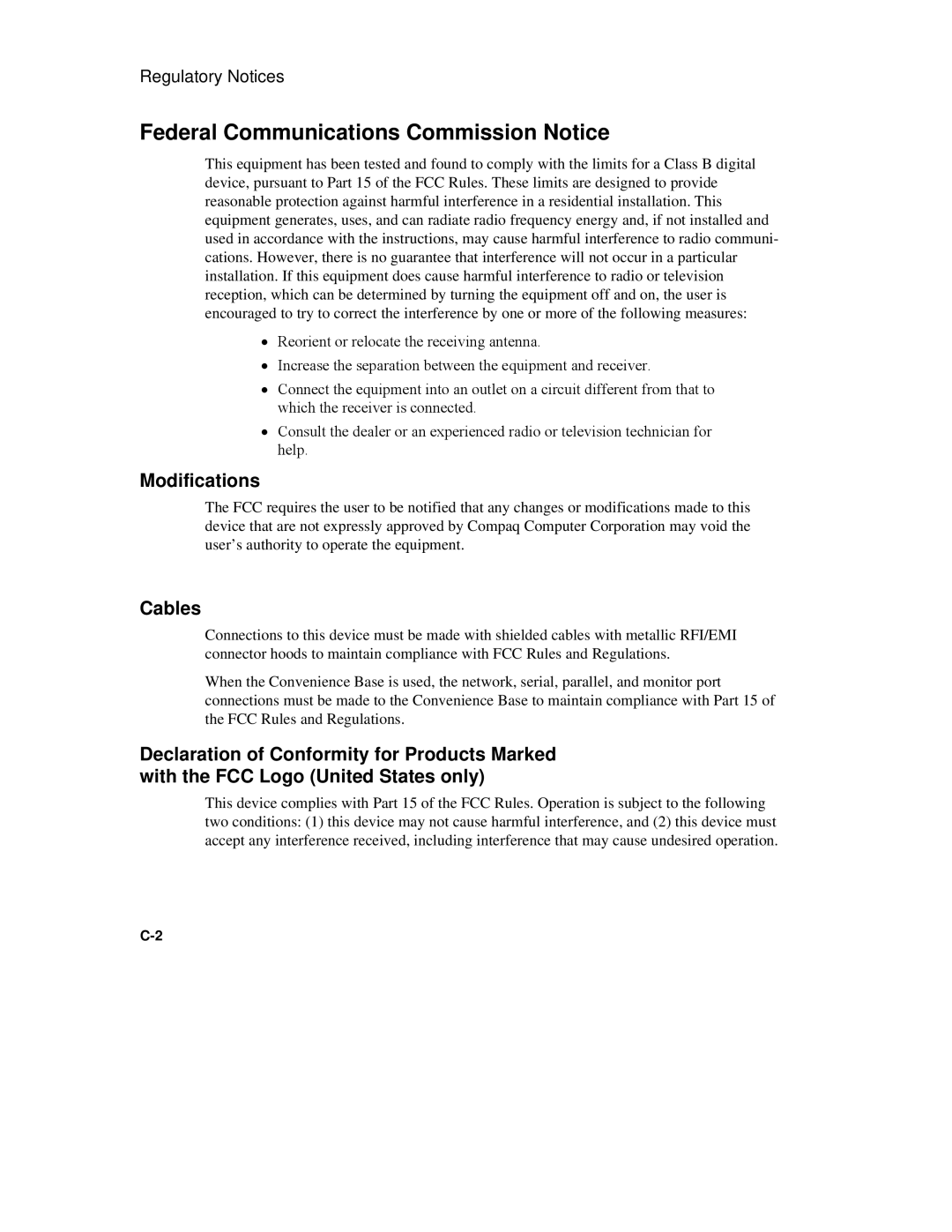 Compaq 6500 Family manual Federal Communications Commission Notice, Modifications, Cables 