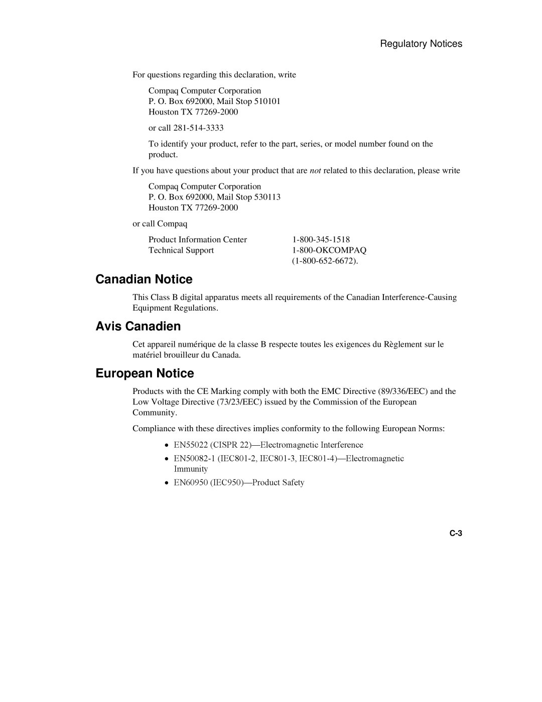 Compaq 6500 Family manual Canadian Notice, Avis Canadien, European Notice 