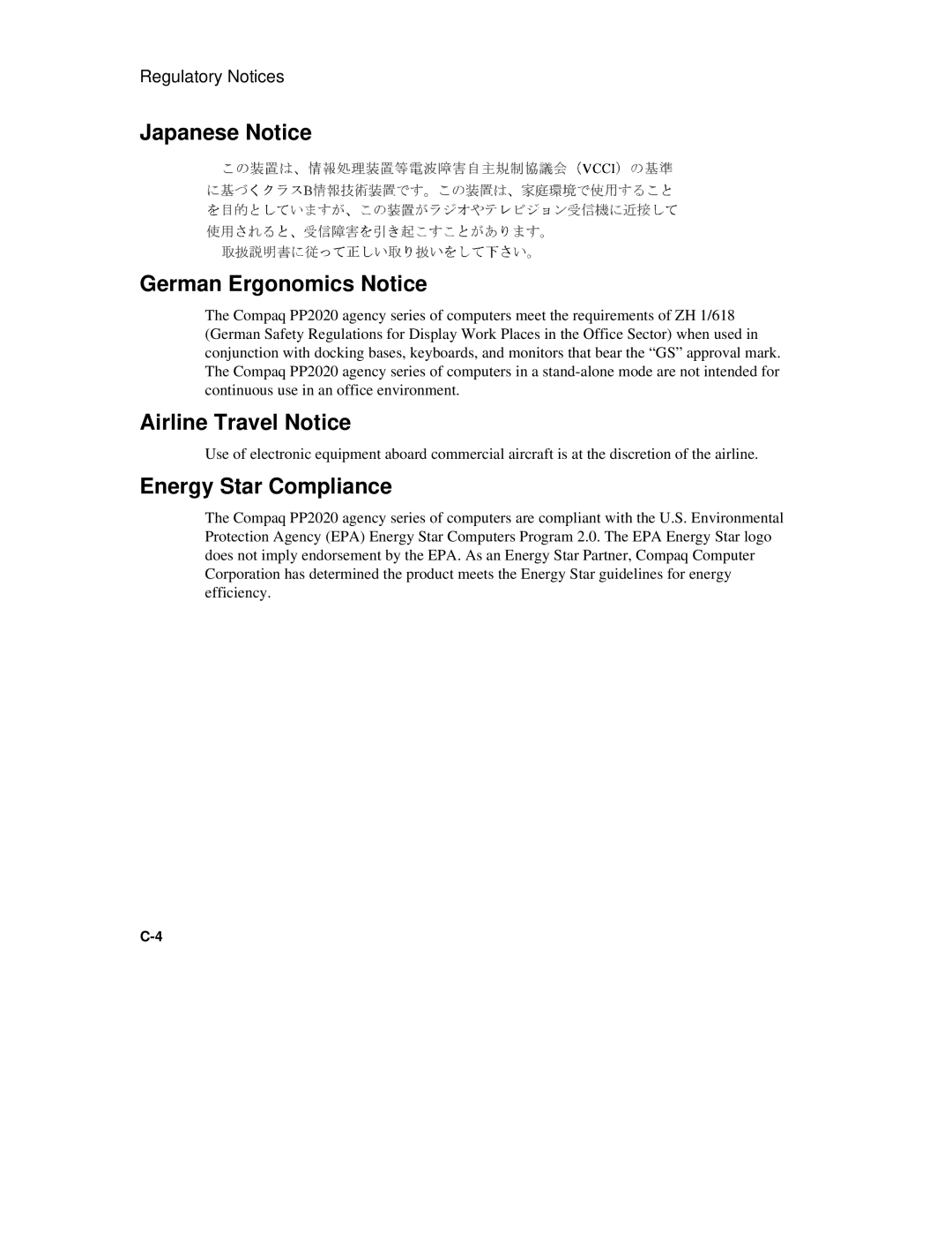 Compaq 6500 Family manual Japanese Notice German Ergonomics Notice, Airline Travel Notice, Energy Star Compliance 