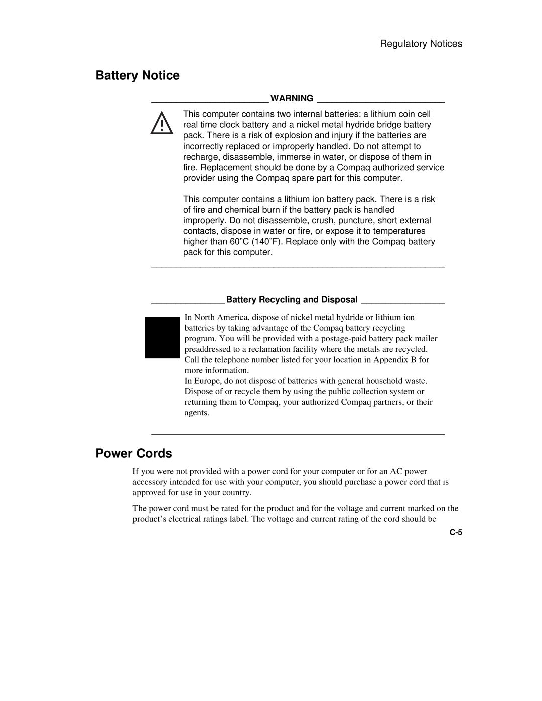 Compaq 6500 Family manual Battery Notice, Power Cords, Battery Recycling and Disposal 