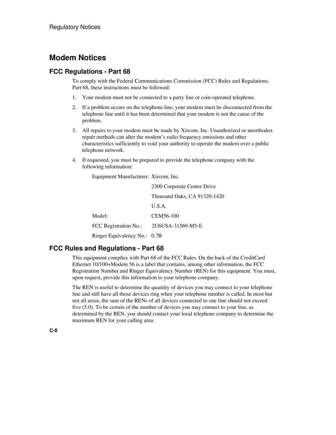 Compaq 6500 Family manual Modem Notices, FCC Regulations Part, FCC Rules and Regulations Part 