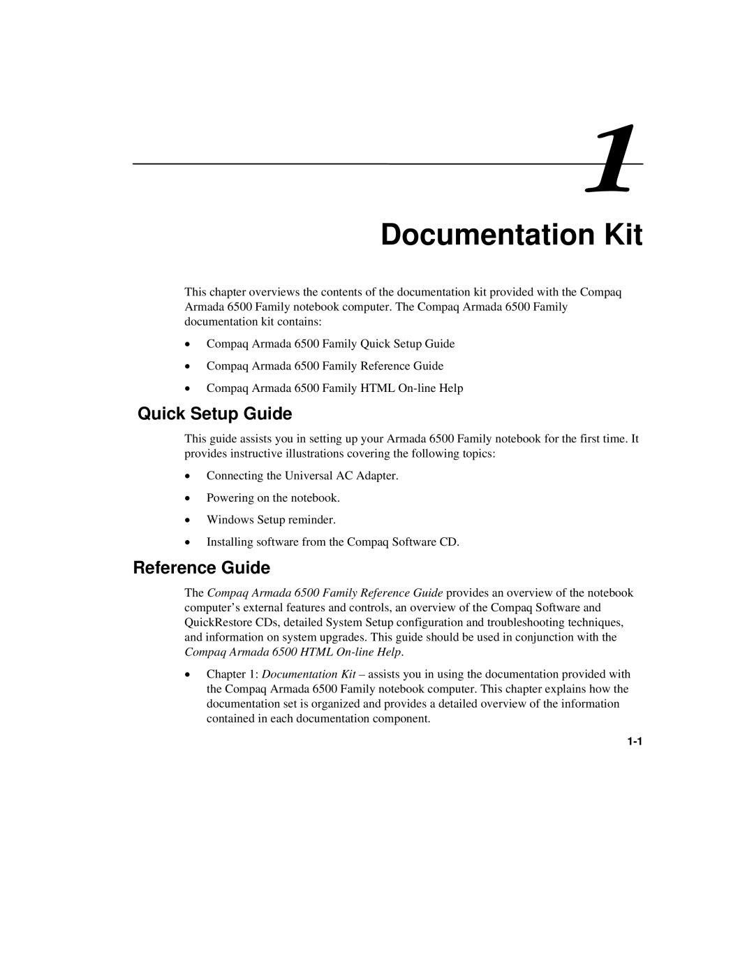 Compaq 6500 Family manual Documentation Kit, Quick Setup Guide, Reference Guide 