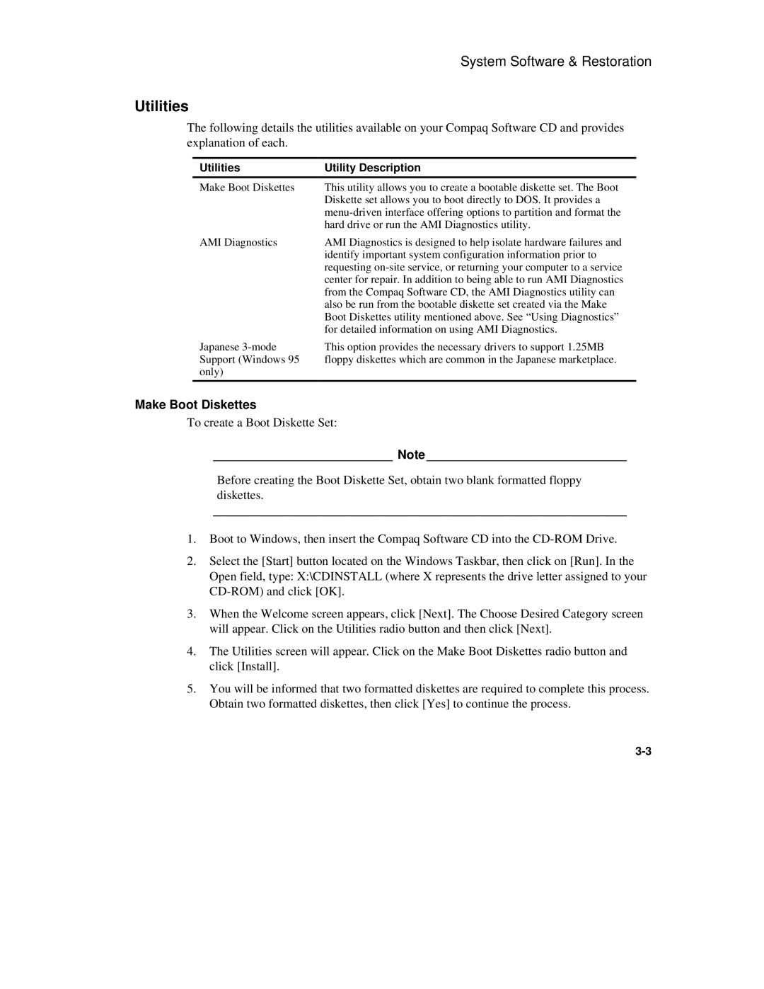 Compaq 6500 manual Make Boot Diskettes, Utilities Utility Description 