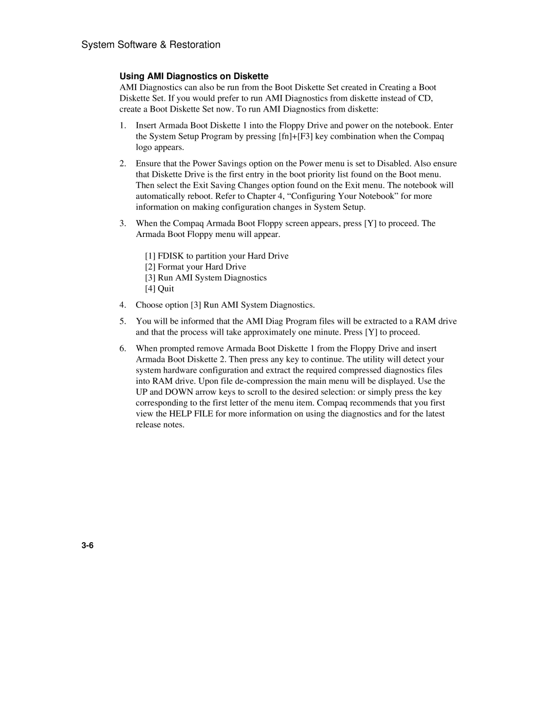 Compaq 6500 manual Using AMI Diagnostics on Diskette 