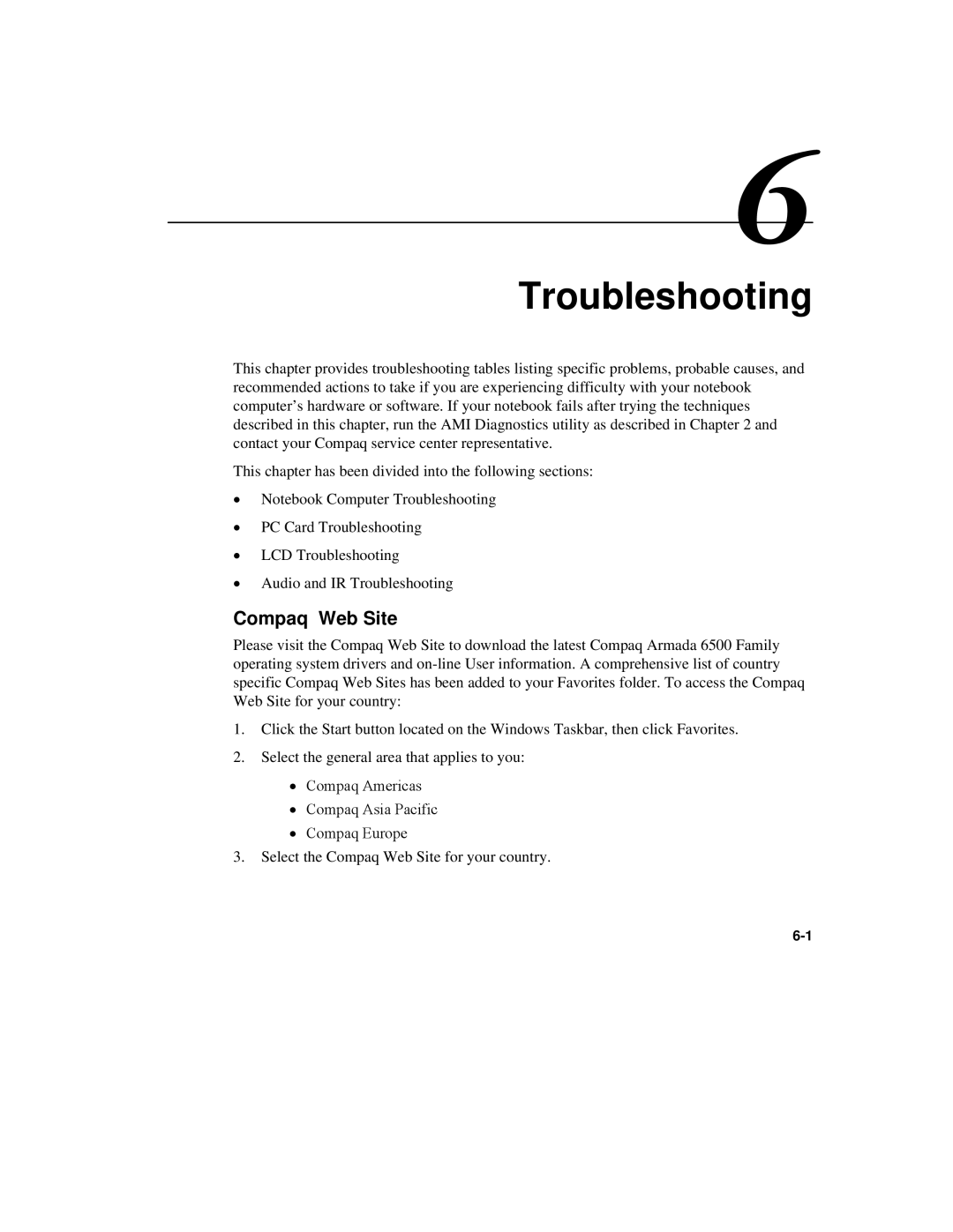 Compaq 6500 manual Troubleshooting, Compaq Web Site 