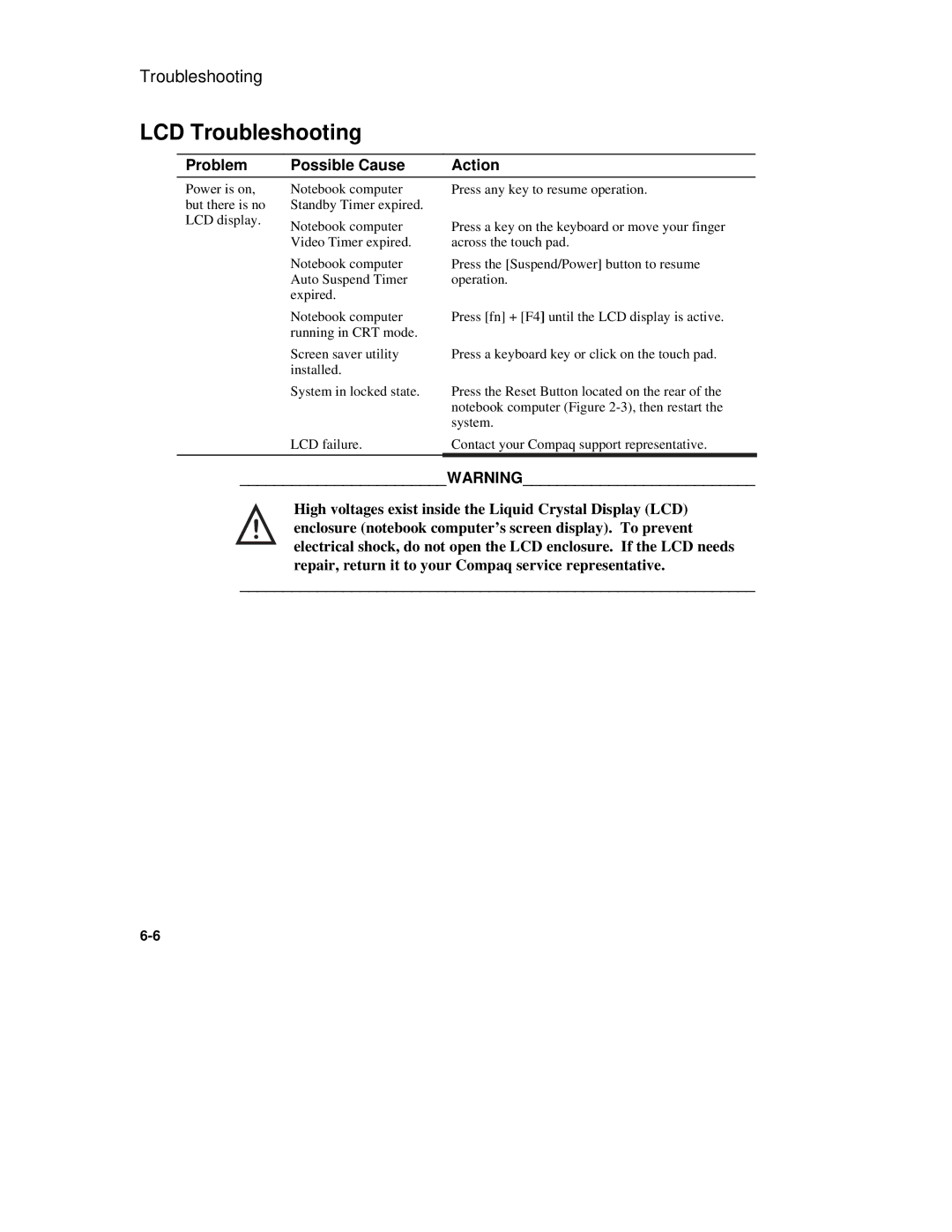 Compaq 6500 manual LCD Troubleshooting 