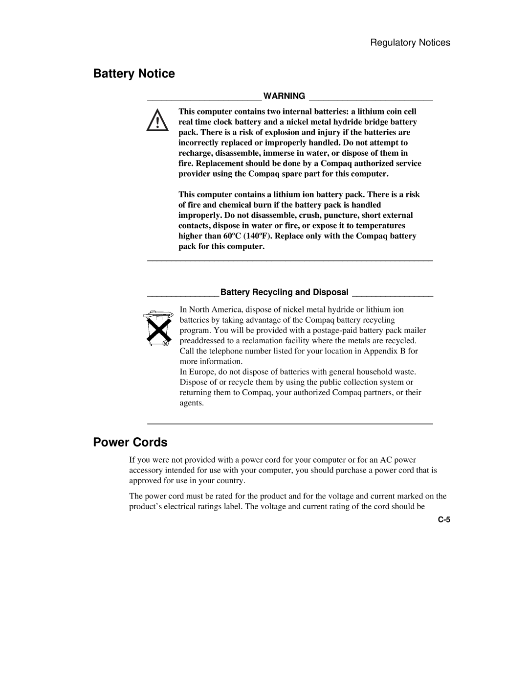 Compaq 6500 manual Battery Notice, Power Cords, Battery Recycling and Disposal 