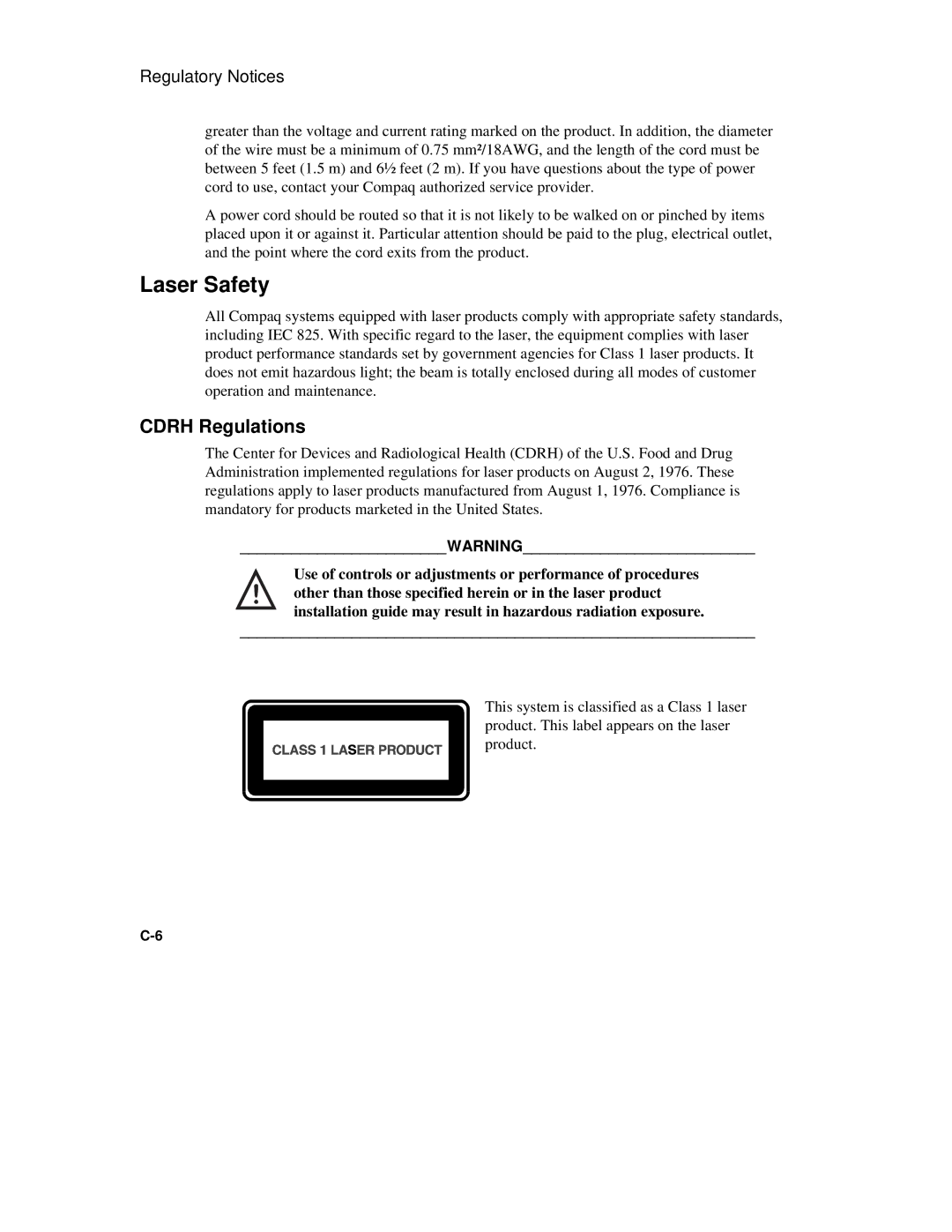 Compaq 6500 manual Laser Safety, Cdrh Regulations 