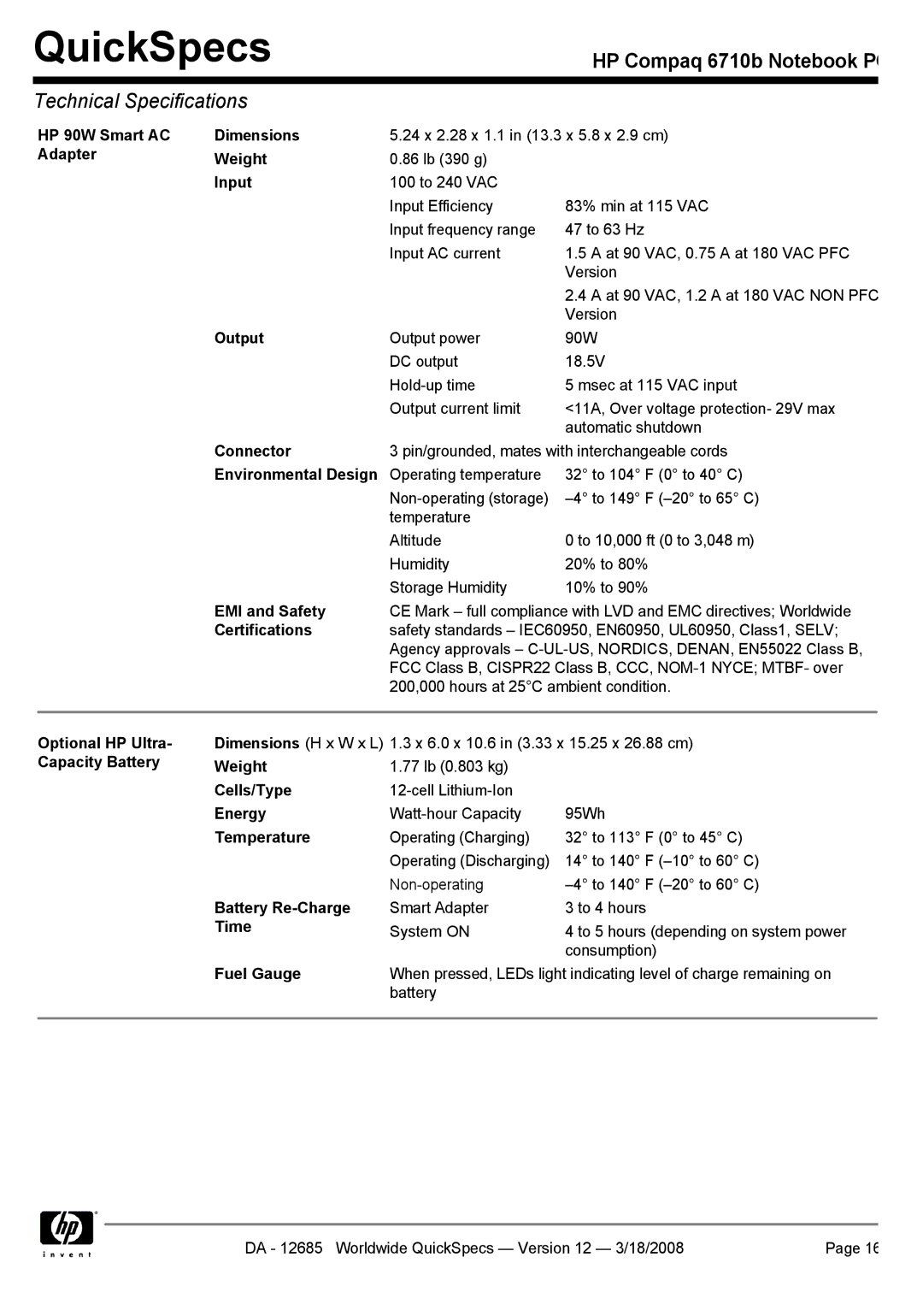 Compaq 6710b HP 90W Smart AC Dimensions, Adapter Weight, Input, Output, Connector, Environmental Design, EMI and Safety 