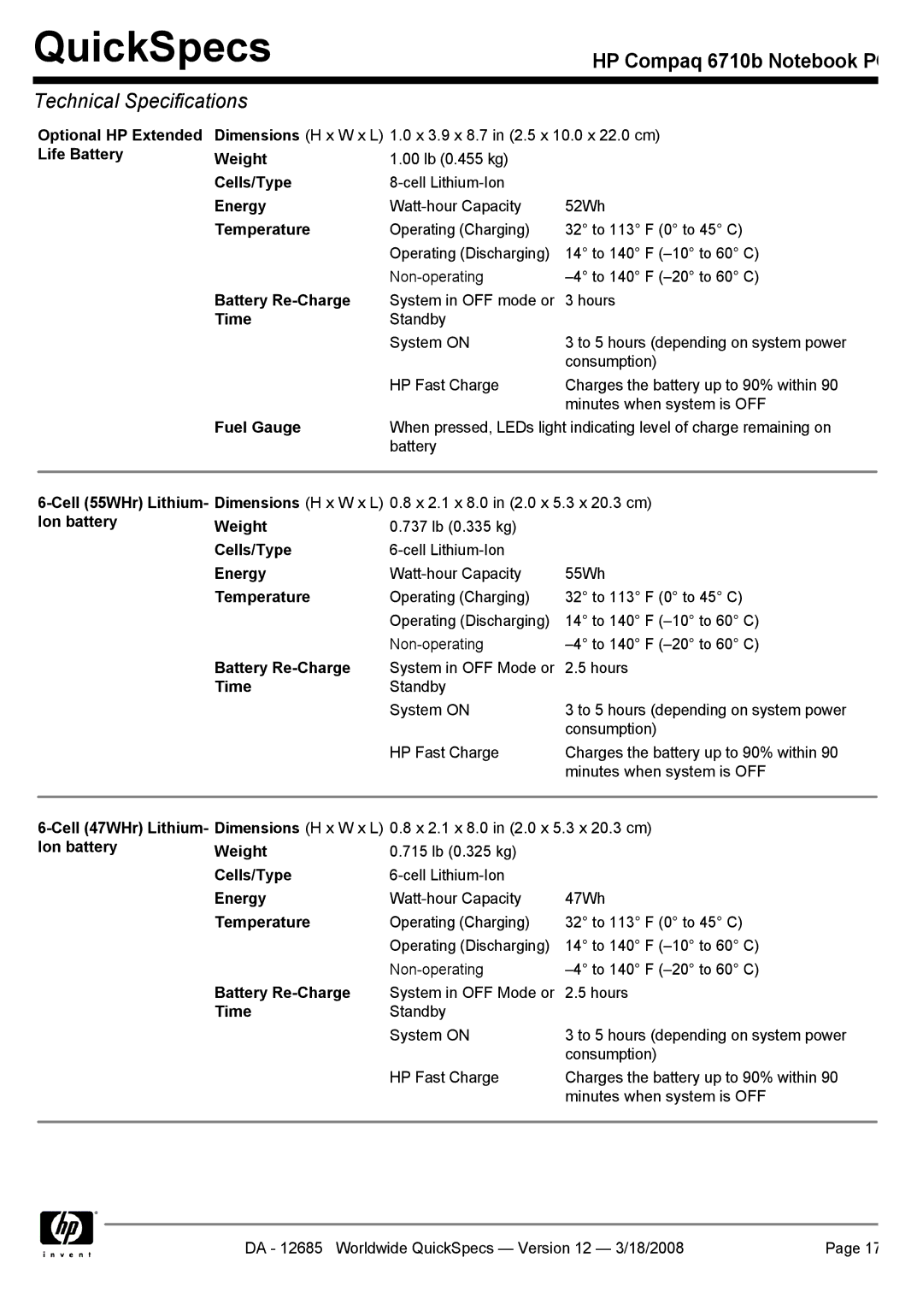 Compaq 6710b manual Optional HP Extended Life Battery, Ion battery Weight 