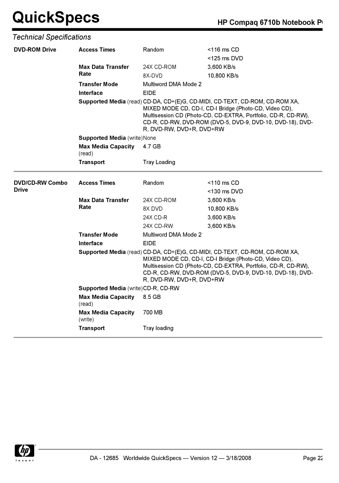 Compaq 6710b DVD-ROM Drive Access Times, Max Data Transfer, Rate, Transfer Mode, Transport, DVD/CD-RW Combo Access Times 