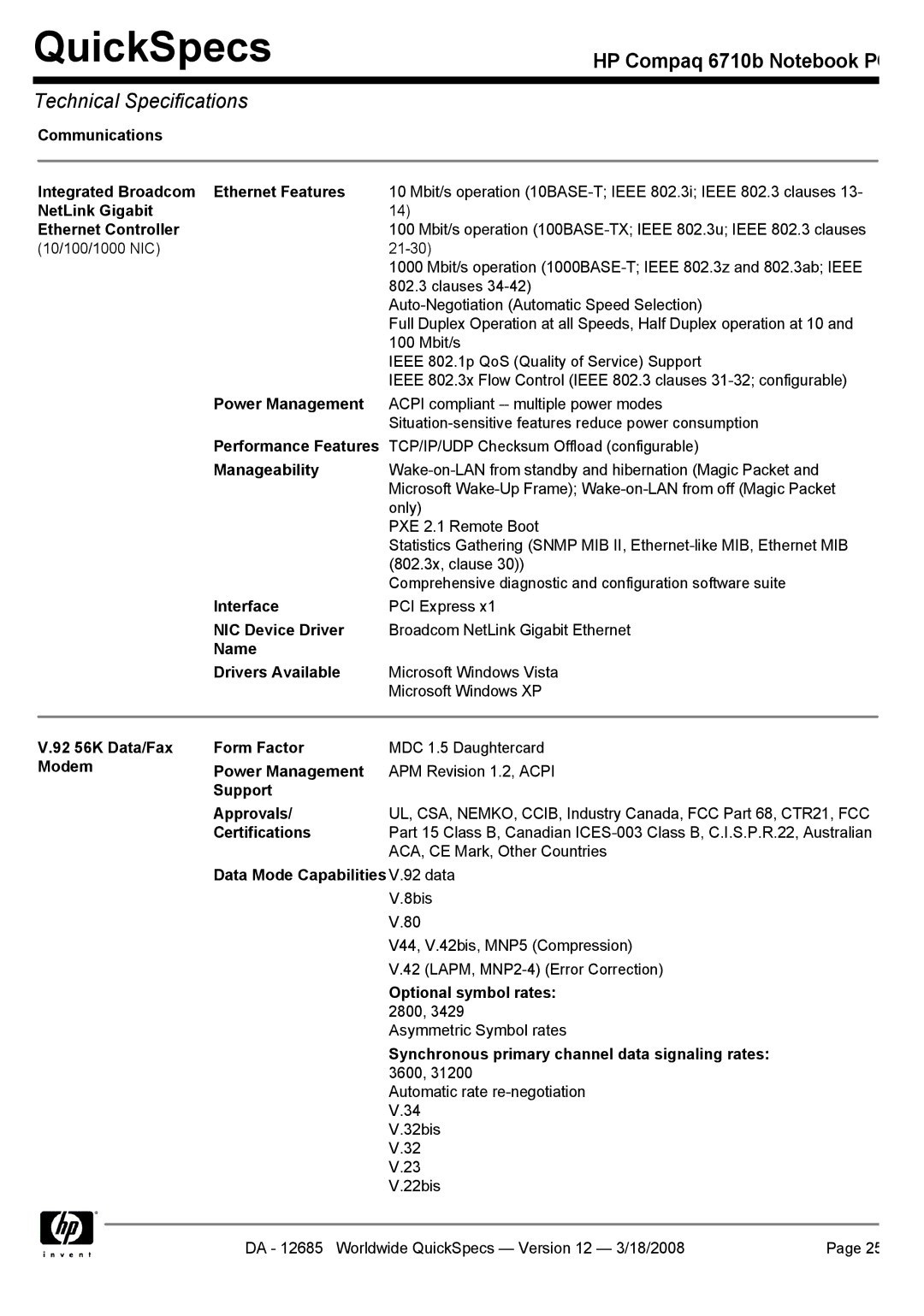 Compaq 6710b Communications Integrated Broadcom Ethernet Features, NetLink Gigabit Ethernet Controller, Power Management 