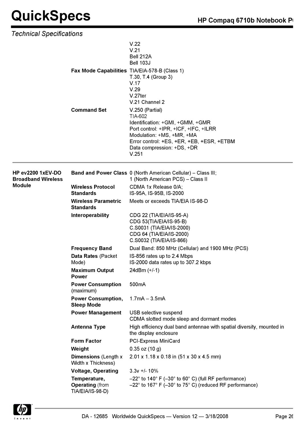 Compaq 6710b manual Command Set, Wireless Protocol, Wireless Parametric, Standards Interoperability, Frequency Band 