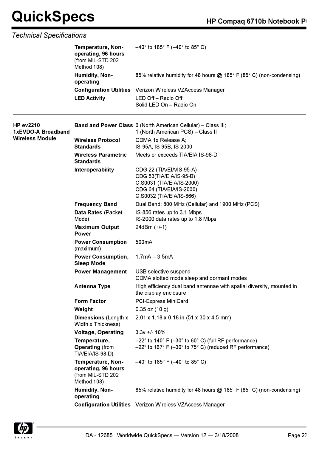 Compaq 6710b manual Humidity, Non, Operating Configuration Utilities, LED Activity, Wireless Module Wireless Protocol 