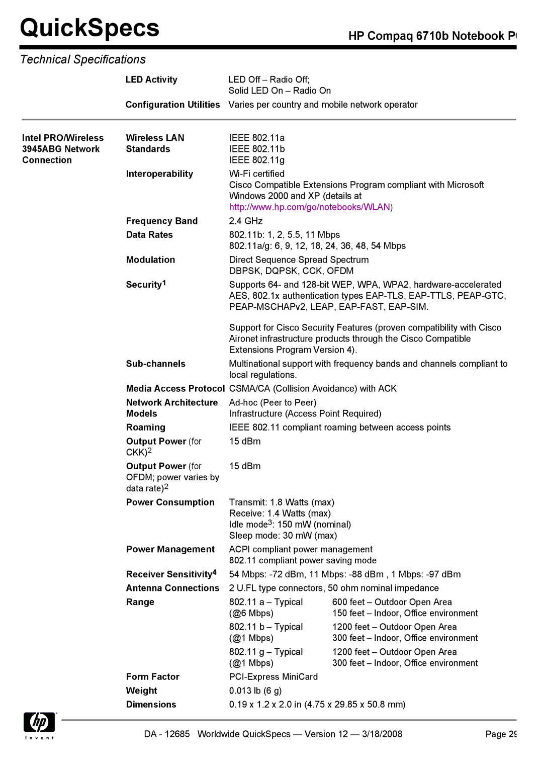 Compaq 6710b Intel PRO/Wireless Wireless LAN, 3945ABG Network Standards, Connection, Modulation, Sub-channels, Models 