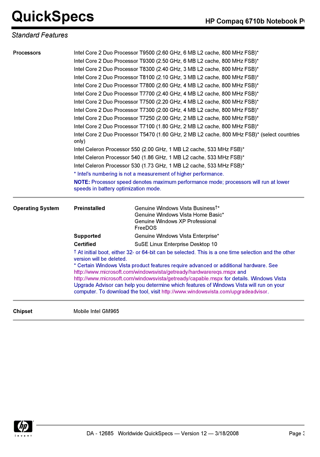 Compaq 6710b manual Processors, Operating System Preinstalled, Supported, Certified, Chipset 