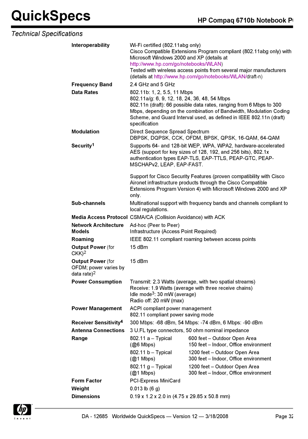 Compaq 6710b manual DBPSK, DQPSK, CCK, OFDM, BPSK, QPSK, 16-QAM, 64-QAM 