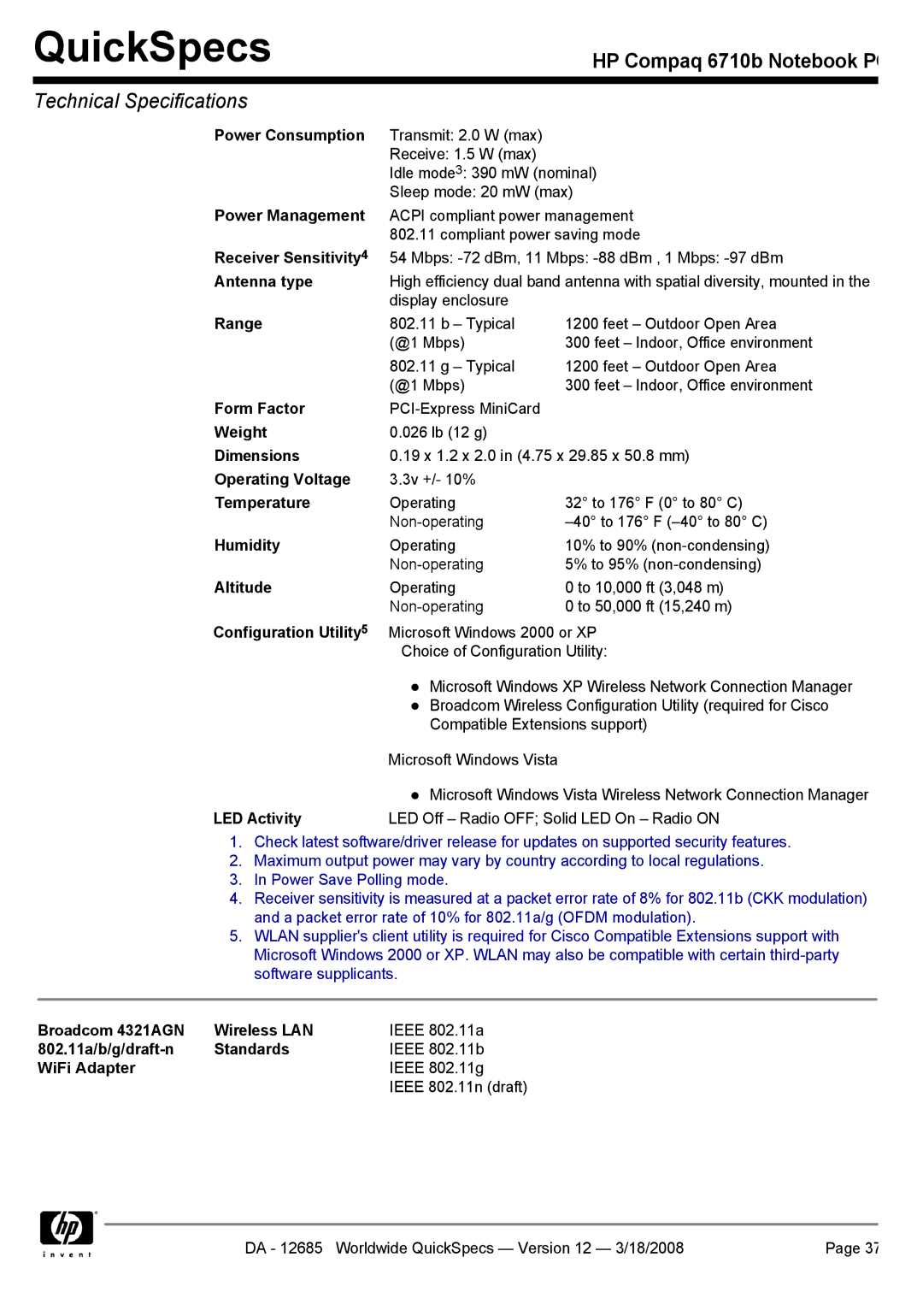 Compaq 6710b manual LED Off Radio OFF Solid LED On Radio on 