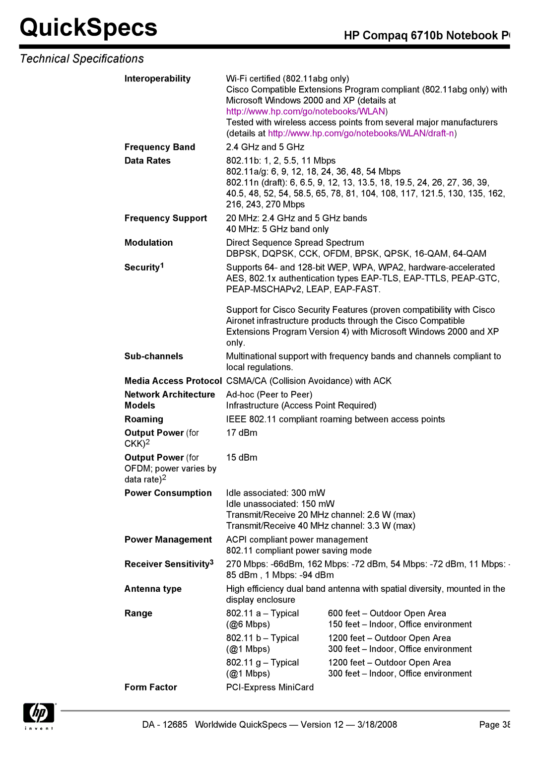 Compaq 6710b manual Frequency Support, Security1, Receiver Sensitivity3 