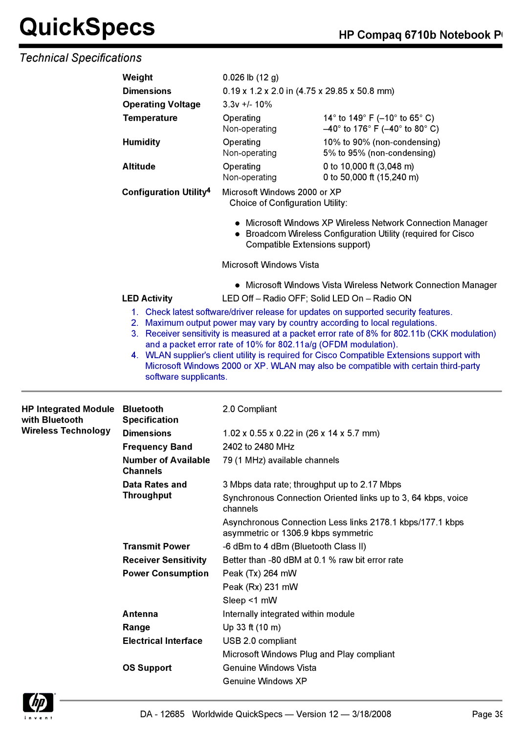 Compaq 6710b manual HP Integrated Module Bluetooth, With Bluetooth Specification Wireless Technology Dimensions, Throughput 