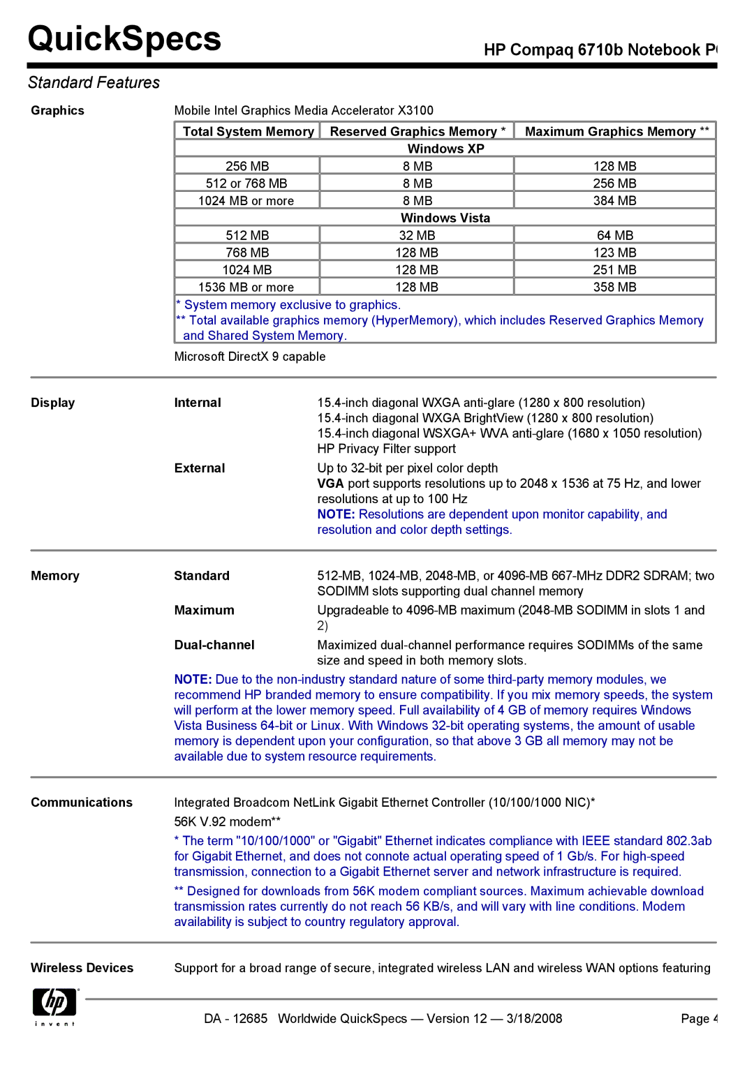 Compaq 6710b manual Graphics, Windows Vista, Display Internal, External, Memory Standard, Maximum, Dual-channel 