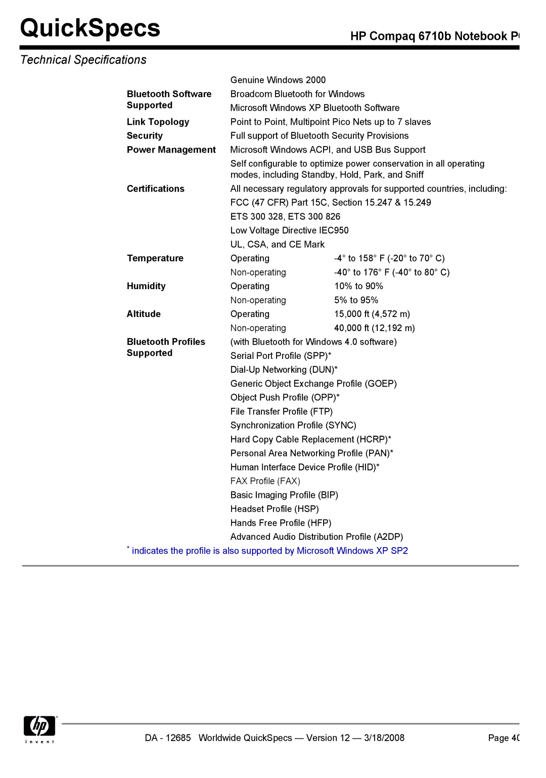 Compaq 6710b manual Bluetooth Software, Link Topology, Bluetooth Profiles 