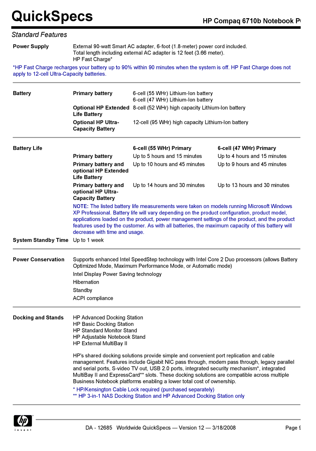 Compaq 6710b manual Power Supply, Battery Primary battery, Optional HP Extended, Life Battery Optional HP Ultra 