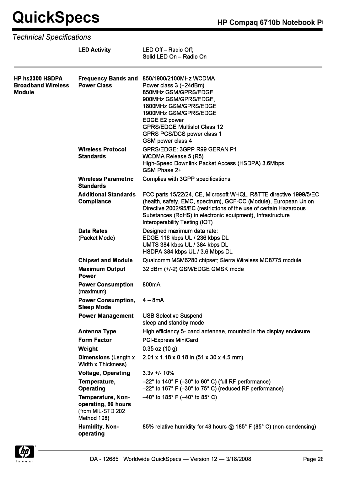 Compaq manual QuickSpecs, HP Compaq 6710b Notebook PC, Technical Specifications 