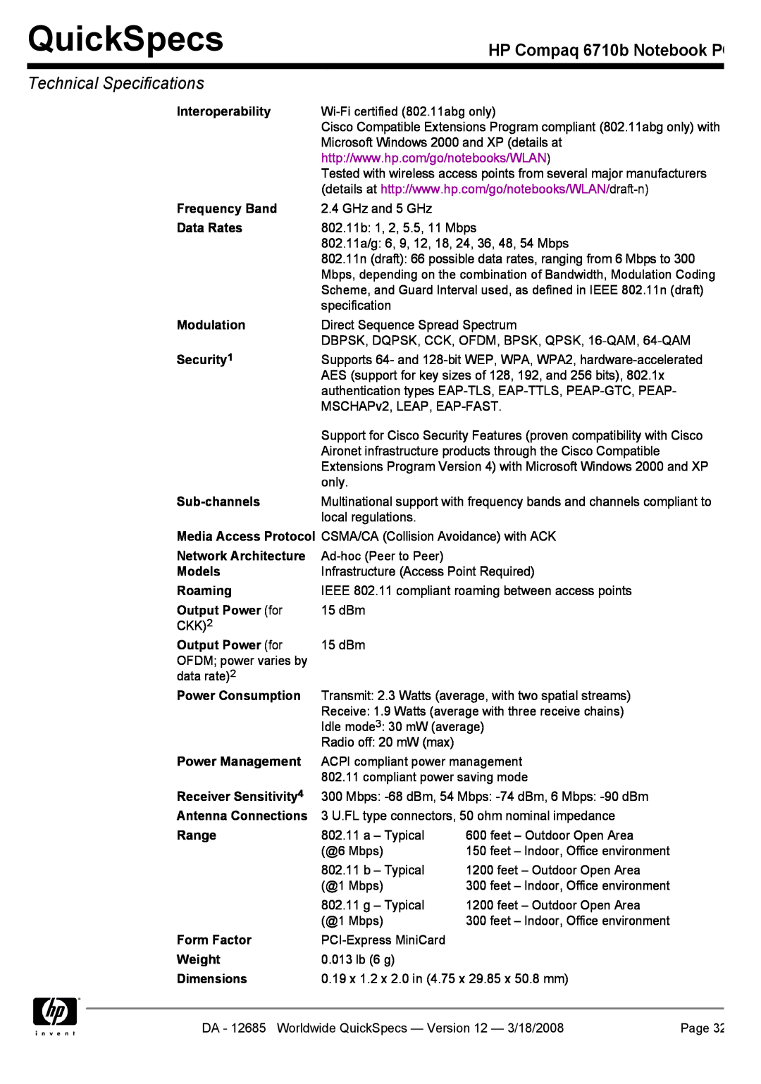 Compaq manual QuickSpecs, HP Compaq 6710b Notebook PC, Technical Specifications 