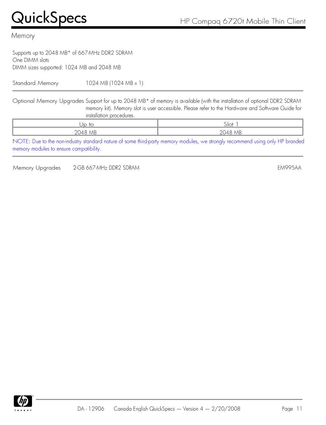 Compaq manual HP Compaq 6720t Mobile Thin Client Memory 