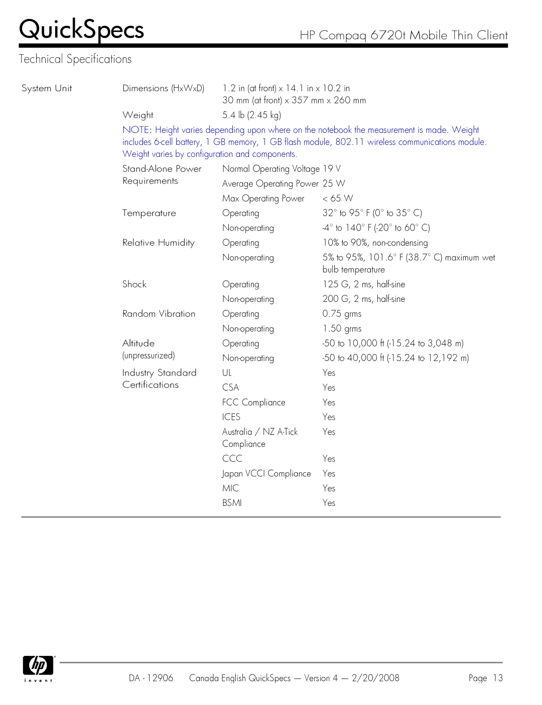 Compaq manual HP Compaq 6720t Mobile Thin Client Technical Specifications 