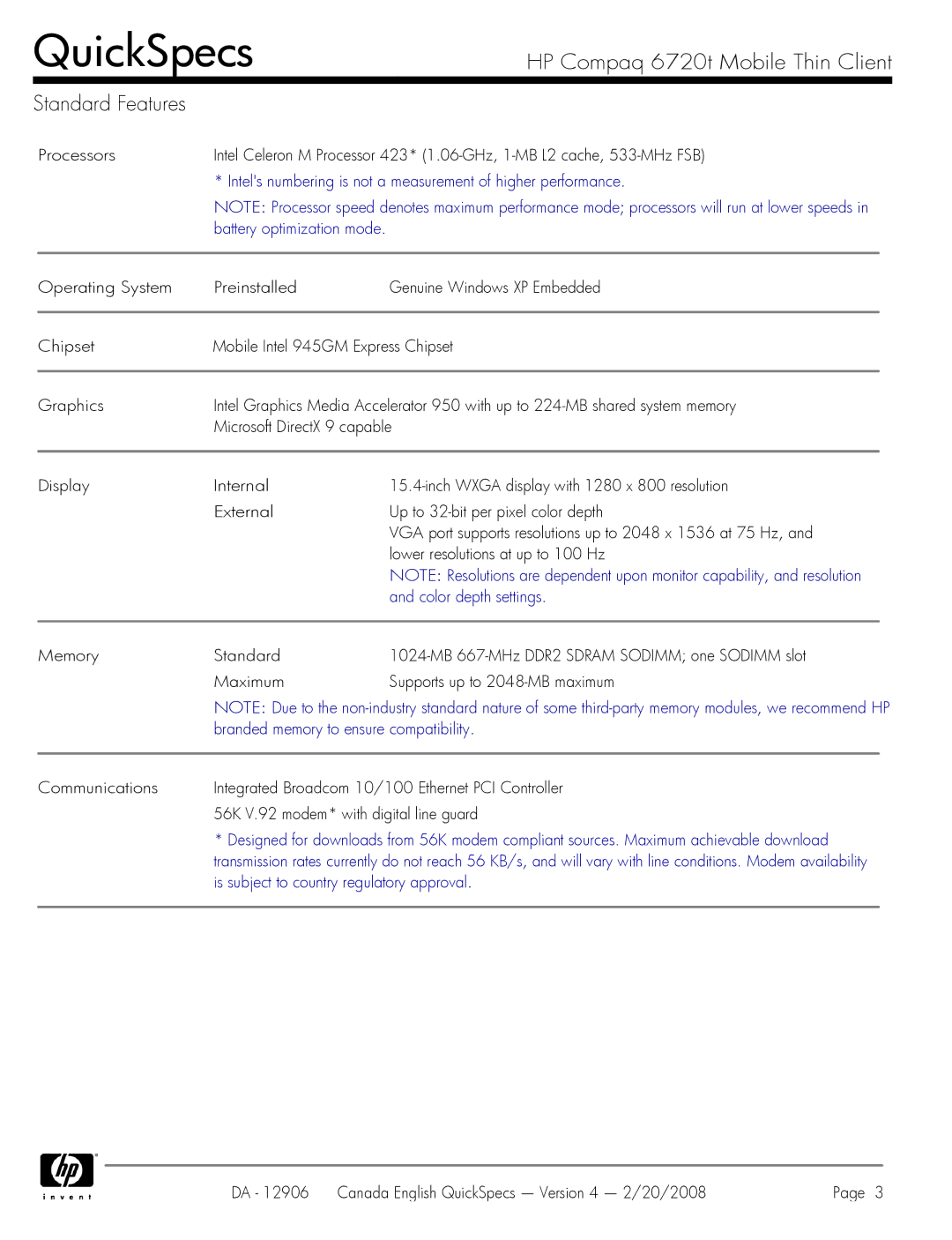 Compaq manual HP Compaq 6720t Mobile Thin Client Standard Features 