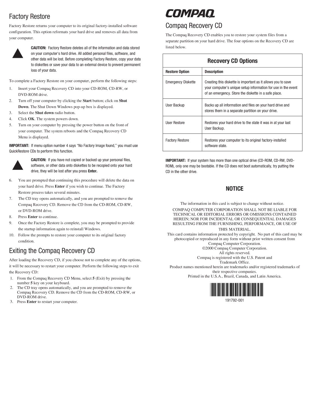 Compaq 6B-H manual Factory Restore, Exiting the Compaq Recovery CD 