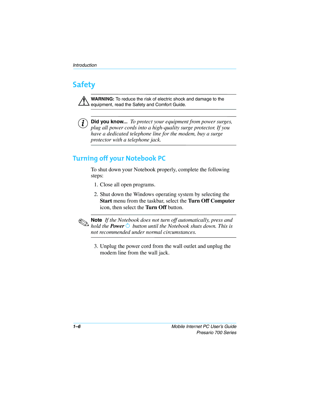 Compaq 700 Series manual Safety, Turning off your Notebook PC 