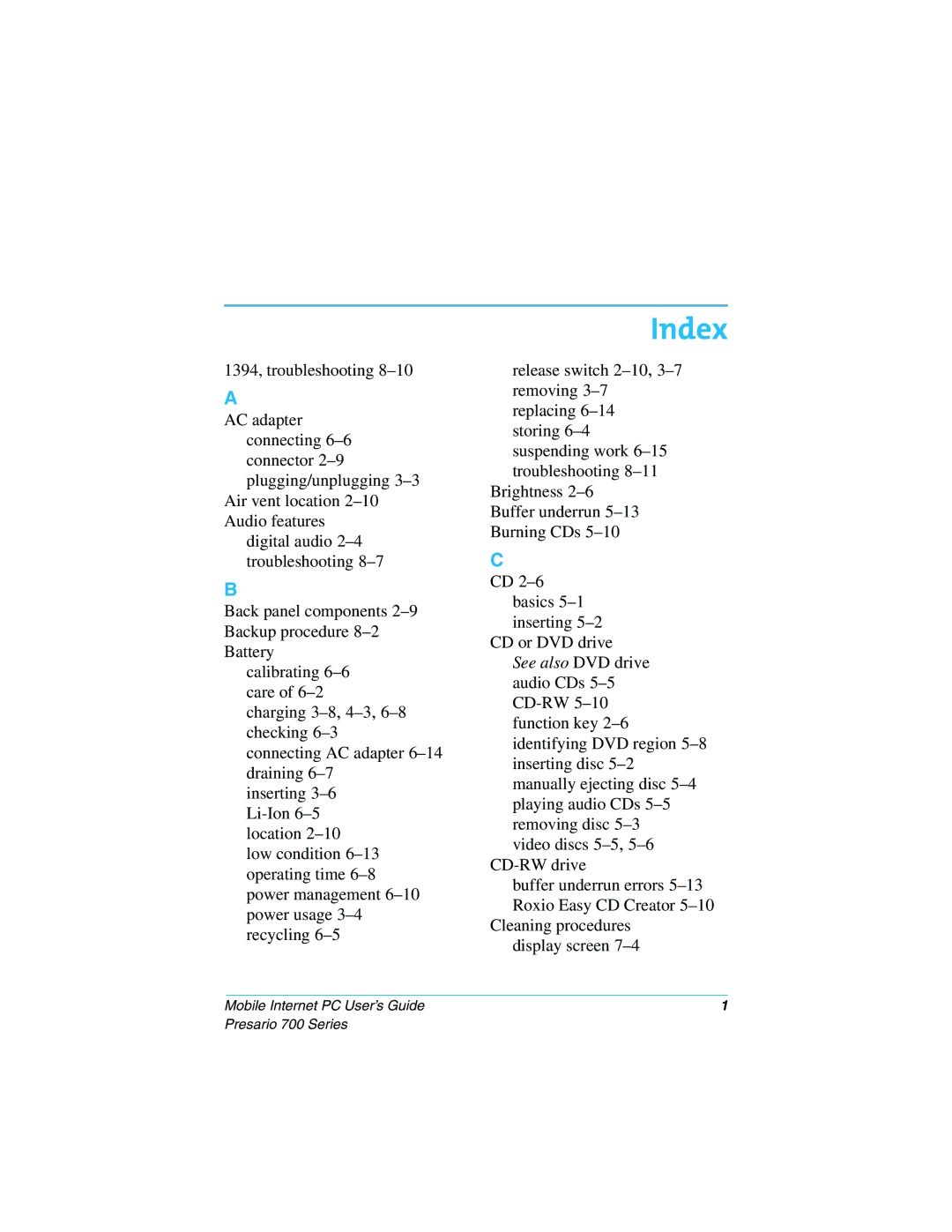 Compaq 700 Series manual Index 