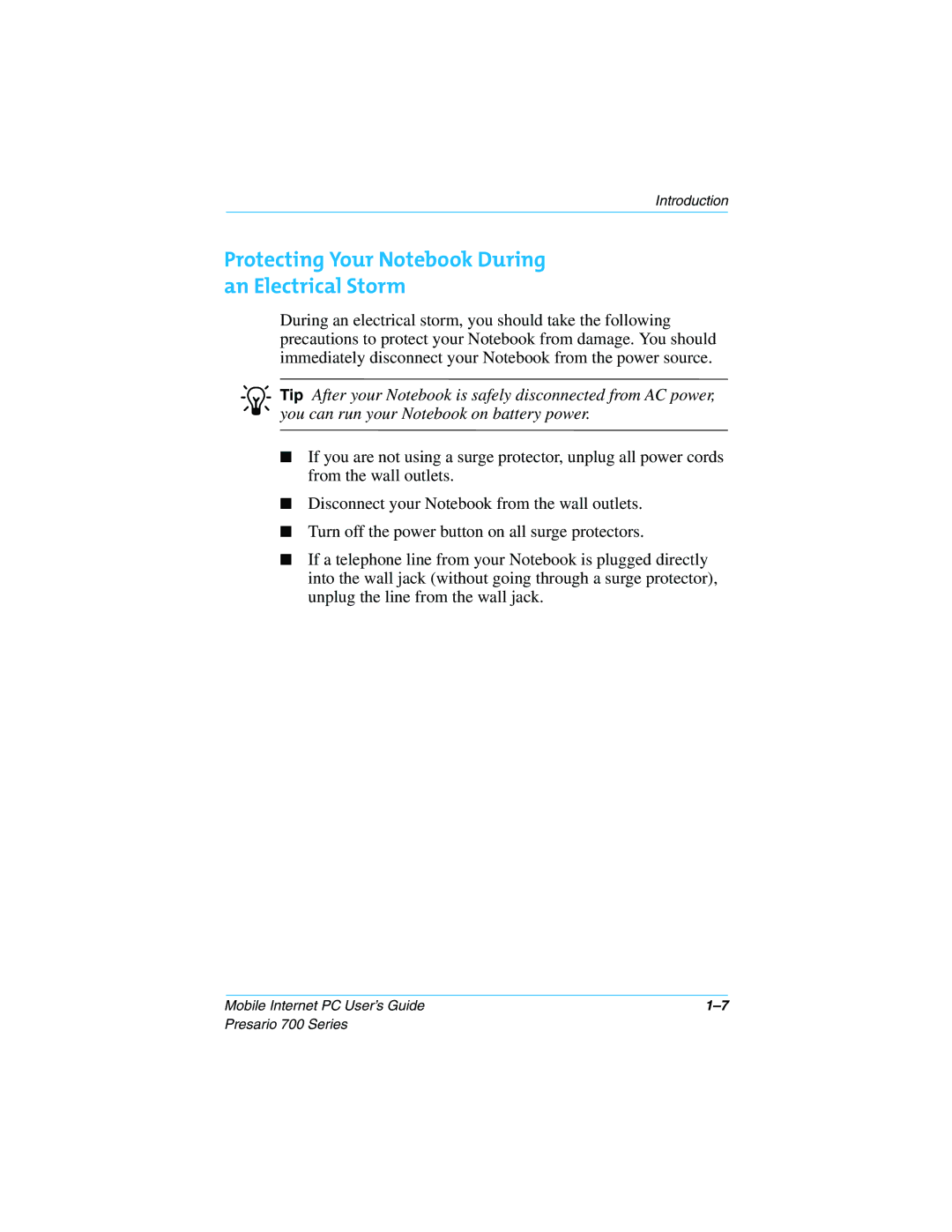 Compaq 700 Series manual Protecting Your Notebook During An Electrical Storm 