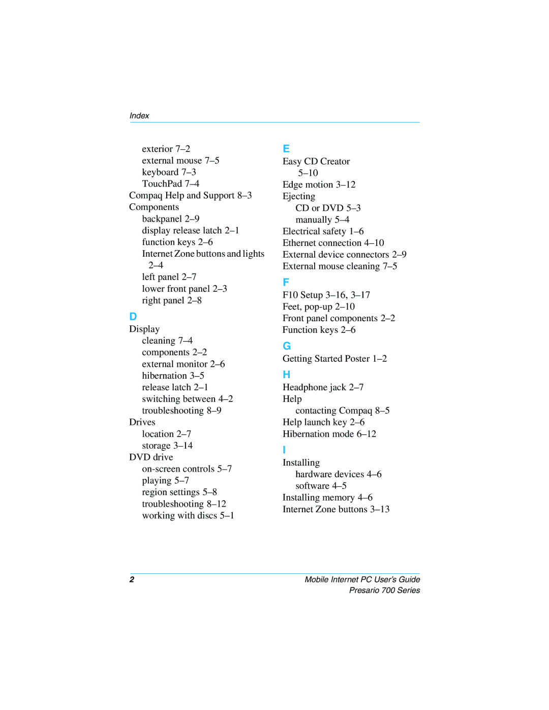 Compaq 700 Series manual Index 