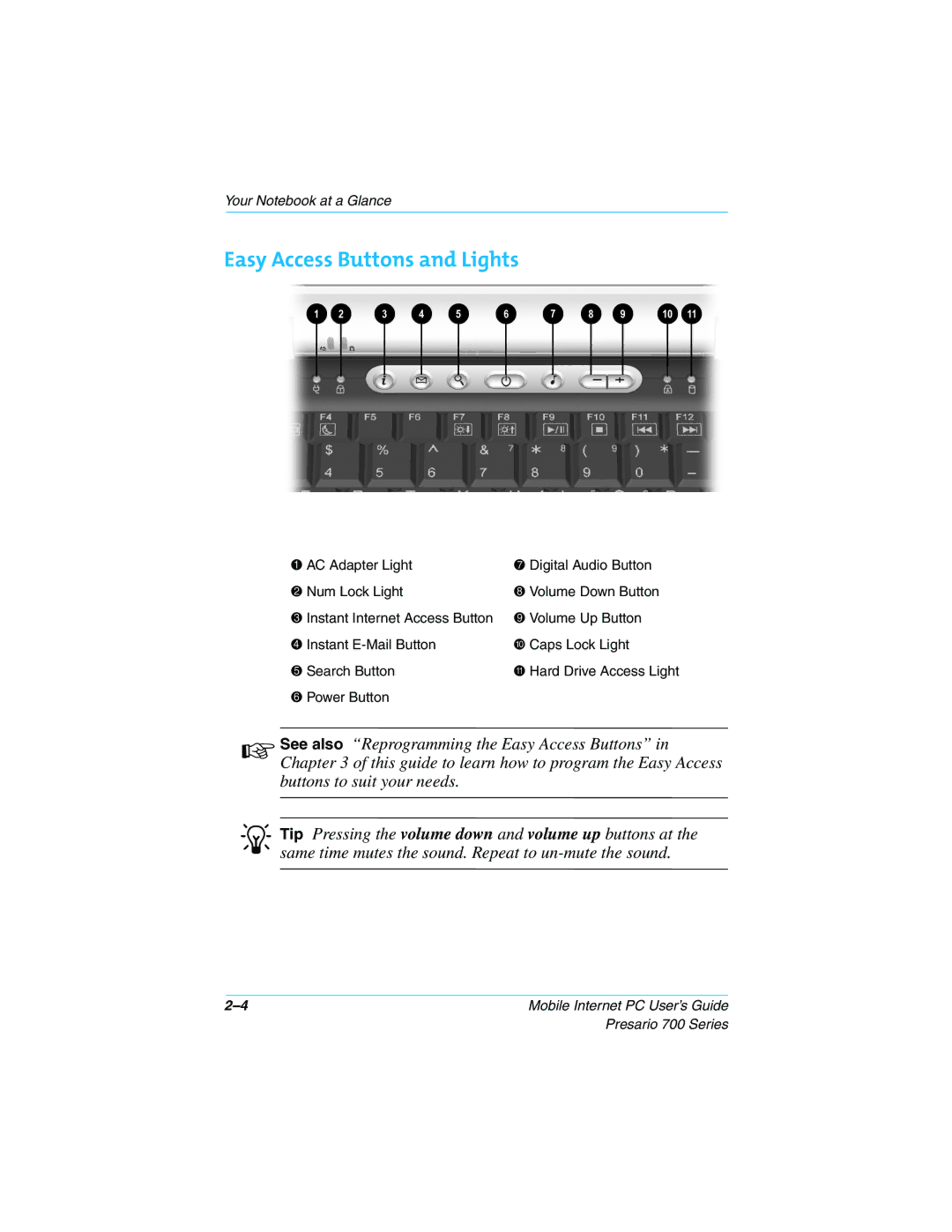 Compaq 700 Series manual Easy Access Buttons and Lights 