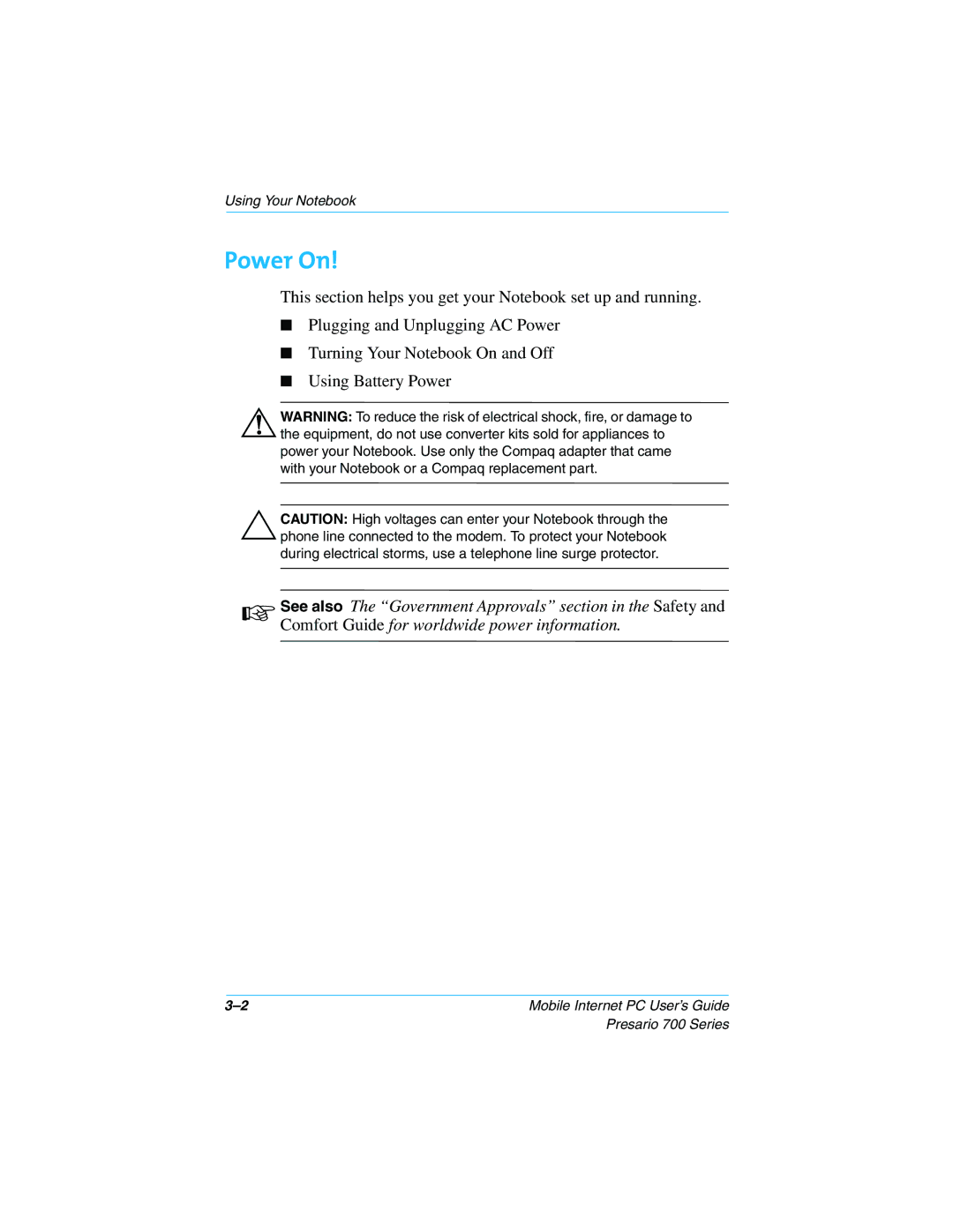 Compaq 700 Series manual Power On 